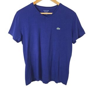 Lacoste Mens V-Neck T-Shirt Blue Pima Cotton Regular Fit Size M Preppy